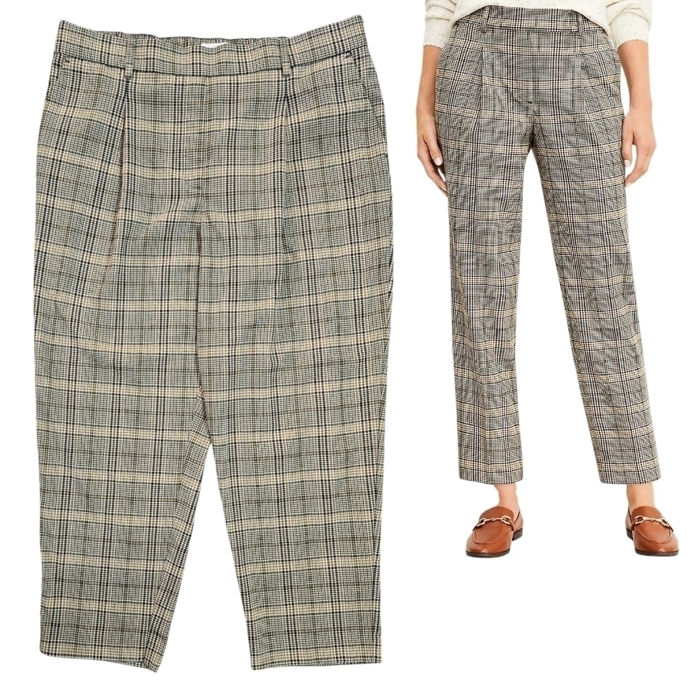 LOFT Brown Pull On Taper Pants in Shimmer Plaid Academia Preppy Holidays